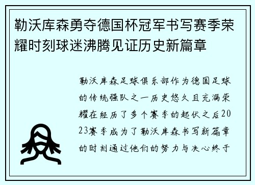 勒沃库森勇夺德国杯冠军书写赛季荣耀时刻球迷沸腾见证历史新篇章